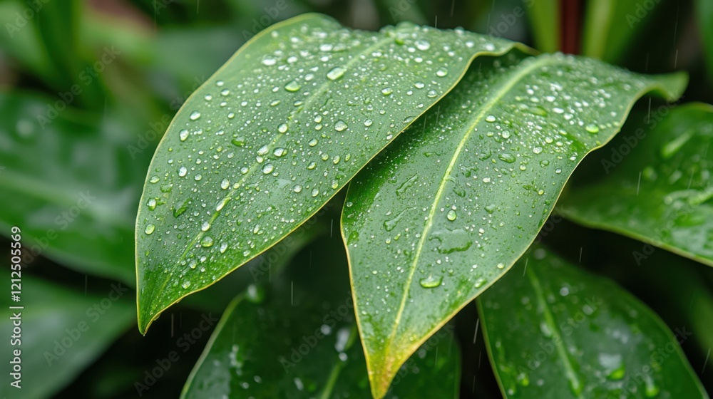 Fototapeta premium Refreshing Rain Drops on Lush Green Leaves Tropical Garden Nature Vibrant Setting Close-Up Botanical Beauty