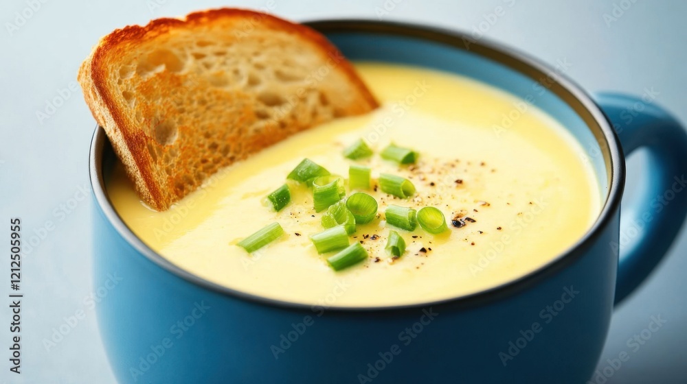 Creamy Yellow Corn Soup Served in a Bowl with Toasted Bread Slice Creamy Yellow Corn Soup Served in a Bowl with Toasted Bread Slice