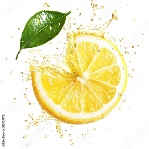 A slice of lemon with a leaf on top of it