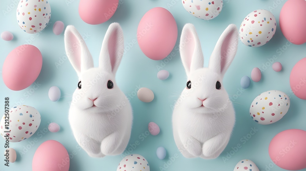 Obraz premium Cute Pastel Bunnies and Easter Eggs Seamless Spring Themed Pattern 3D