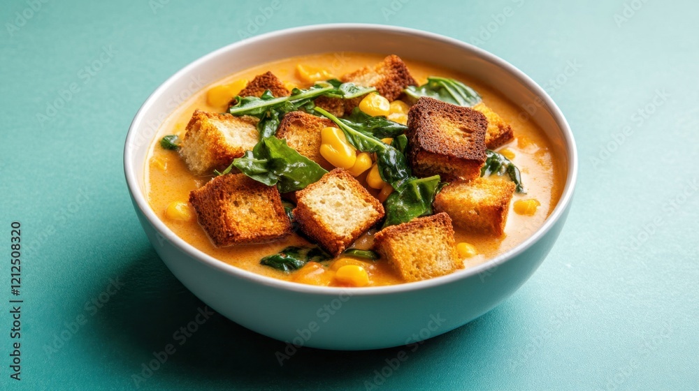 Hearty Vegetable Dish with Cornbread Croutons Garnish on Green Background Hearty Vegetable Dish with Cornbread Croutons Garnish on Green Background