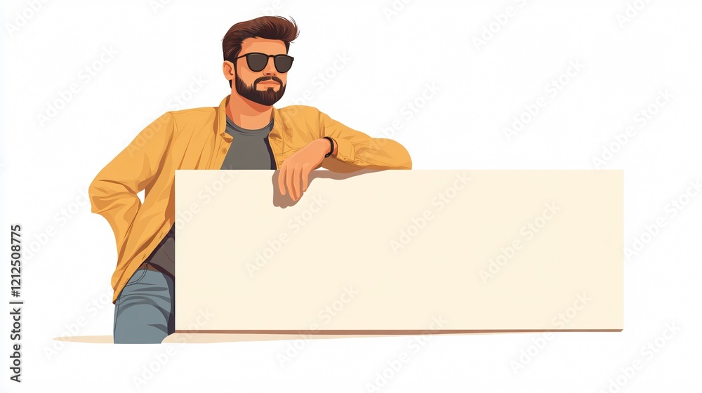 Cool Guy Leaning on Blank Sign: Interactive Marketing Image for Promotion and Advertisement