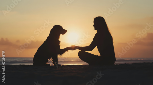 Silhouette of woman and her dog sitting together at sunset, sharing moment of connection and warmth. serene beach setting enhances emotional bond