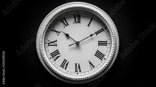 A white clock with Roman numerals sits on a dark surface