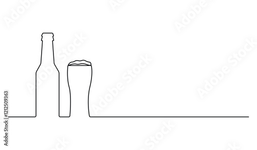 Continuous one line drawing of beer glass and bottle outline vector illustration
