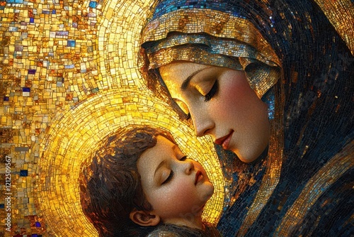 byzantine mosaic-style madonna and child rendered in holographic iridescent tiles and golden light photo