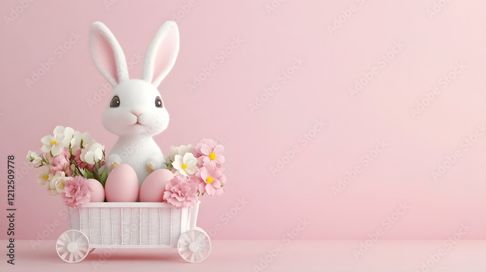 Adorable Bunny with Floral Cart and Eggs for Spring Holiday Adorable Bunny with Floral Cart and Eggs for Spring Holiday