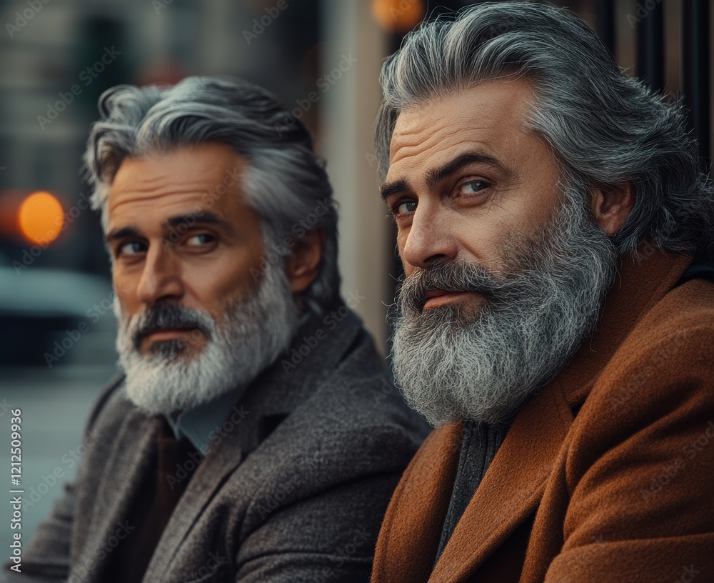 Fototapeta premium Two well dressed elderly men, sporting well groomed beards and vintage attire, convey timeless charm, exuding class and confidence in their poised expressions.