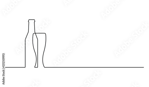 Continuous one line drawing of beer glass and bottle outline vector illustration