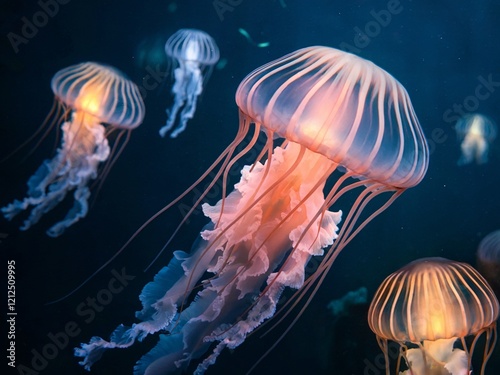 Graceful jellyfish glow with vibrant hues underwater, surrounded by soft ripples and marine life.
