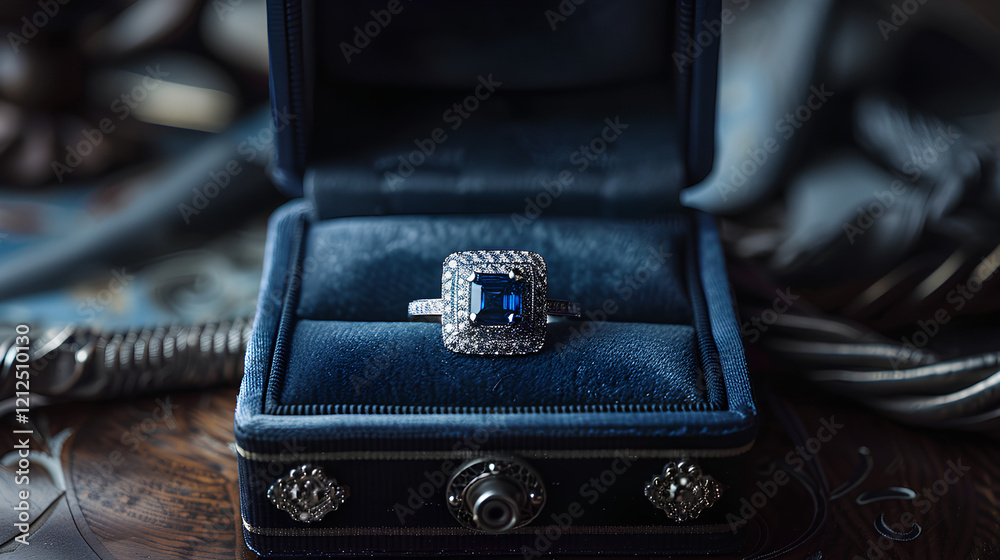 blue sapphire ring in an open box, with intricate silver filigree on the band and set within a square emerald-cut stone blue sapphire ring in an open box, with intricate silver filigree on the band and set within a square emerald-cut stone