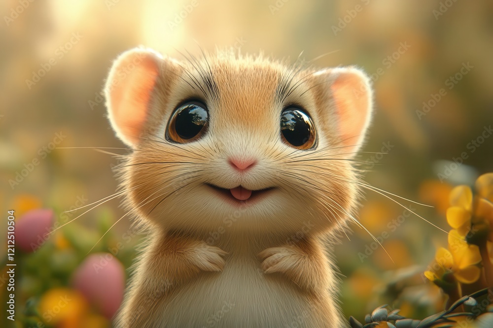 Obraz premium cartoon-style cute gerbil with large expressive eyes, surrounded by a playful environment featuring colorful elements, designed in 3d to capture its adorable essence and charm