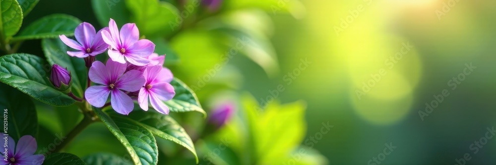 Soft purple blooms, lush green foliage, sunlight dappled , leaves, sunlight, green leaves Soft purple blooms, lush green foliage, sunlight dappled , leaves, sunlight, green leaves