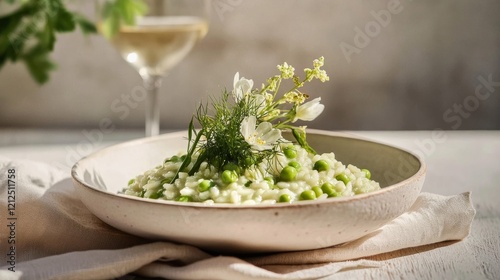 Fresh green pea risotto garnished with herbs served with white wine in a soft natural light setting, spring food seasonal recipes.