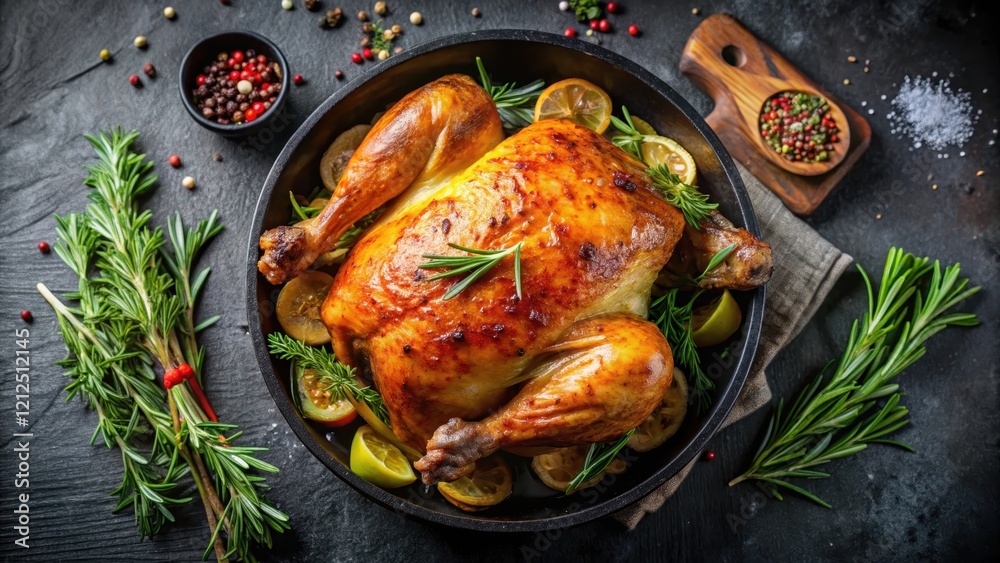Crispy baked whole chicken with a blend of aromatic spices on a hot pan , herbs, roasted chicken Crispy baked whole chicken with a blend of aromatic spices on a hot pan , herbs, roasted chicken