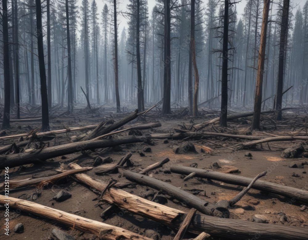 Blackened earth and charred wood after a devastating wildfire, barrenness, blackened earth, nature's fury Blackened earth and charred wood after a devastating wildfire, barrenness, blackened earth, nature's fury