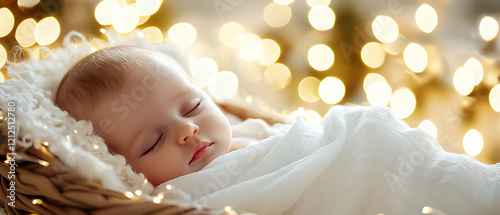 Serene baby wrapped in white silk with fairy lights cozy indoor setting soft lighting tranquil atmosphere