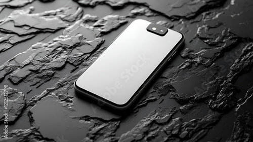 A sleek, silver-backed smartphone with a camera bump, resting on dark, textured background