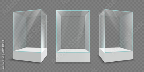 Mockup glass showcase or box. Template isolated on transparent background. Vector illustration