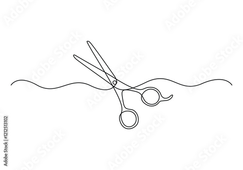 Vector continuous single line drawing of scissors in silhouette on a white background. Graphic illustration