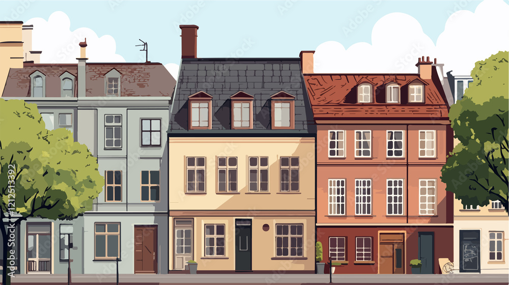 Fototapeta premium Stunning Urban House Exterior with Windows and Roof in Wide Street