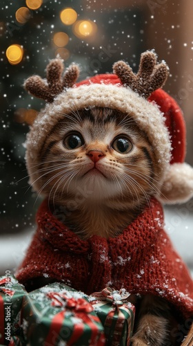 A cute kitten sports a fluffy red sweater and a Santa hat adorned with reindeer antlers amidst falling snowflakes and wrapped gifts, celebrating Christmas cheer. Generative AI