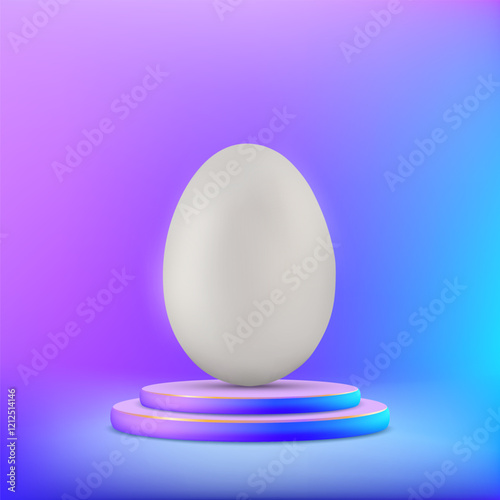 White chicken egg stands on a round podium. Vector illustration