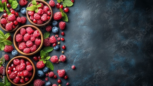 Fresh raspberries on a dark slate surface with vibrant colors photo