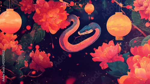 Banner for Chinese New Year 2025 with snake,flowers and lanterns. Greeting card for holiday with symbol of new 2025 year. Lunar year background with zodiac symbol. Template for poster,flyer,web.Vector photo