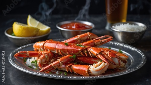A platter of cooked lobster with lemon, sauce, and rice, served with a drink.