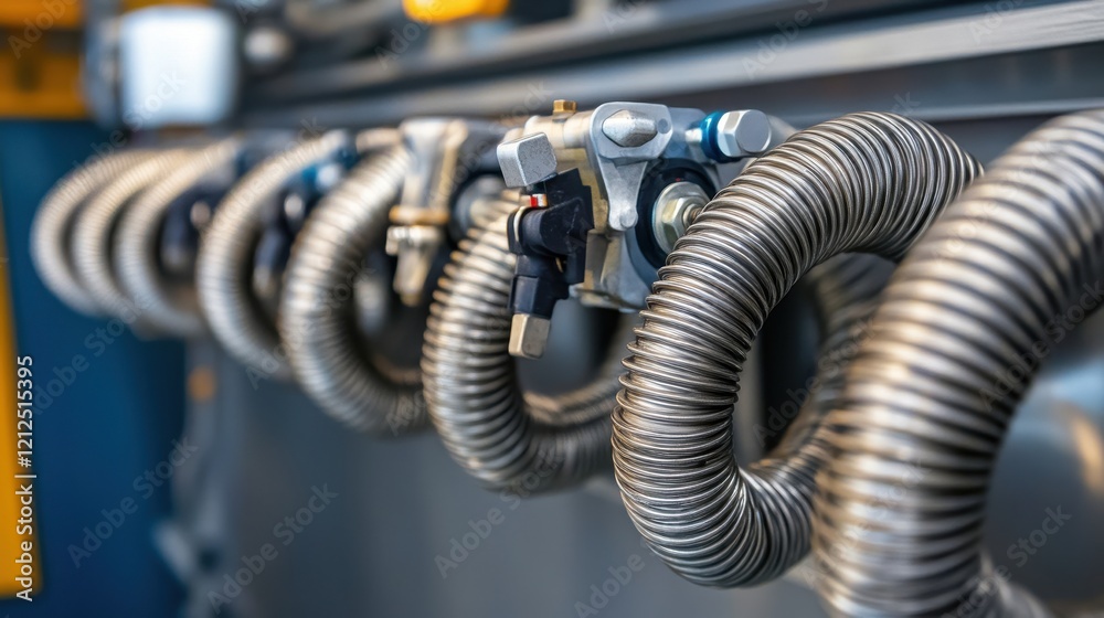 Fototapeta premium Petrochemical flexible hoses, metal coils with secure valves and clamps in detailed view.
