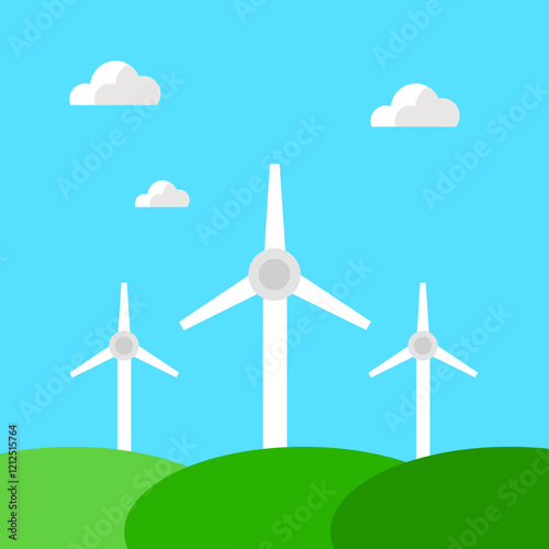 Wind Turbine on a Green Hill Under a Blue Sky