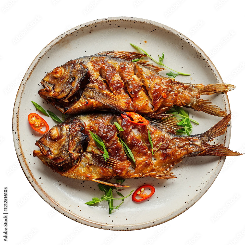 Delicious fried fish on a plate with herbs and chili peppers Delicious fried fish on a plate with herbs and chili peppers