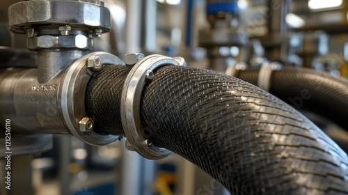 Flexible hose close-up in industrial plant, metallic structure with clamps and precision valves.