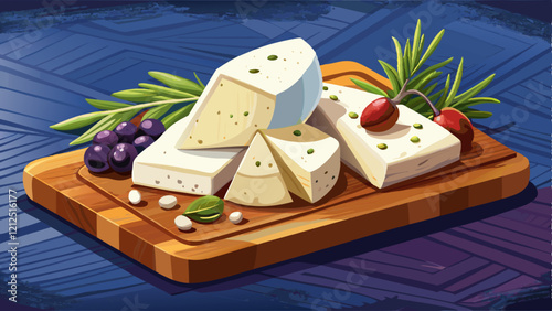 Crumbly white feta cheese wedges on a wooden board with fresh thyme sprigs and Kalamata olives , Mediterranean