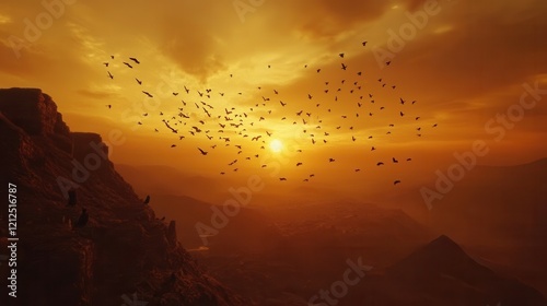 Majestic sunset over mountain range with silhouetted birds in flight. photo