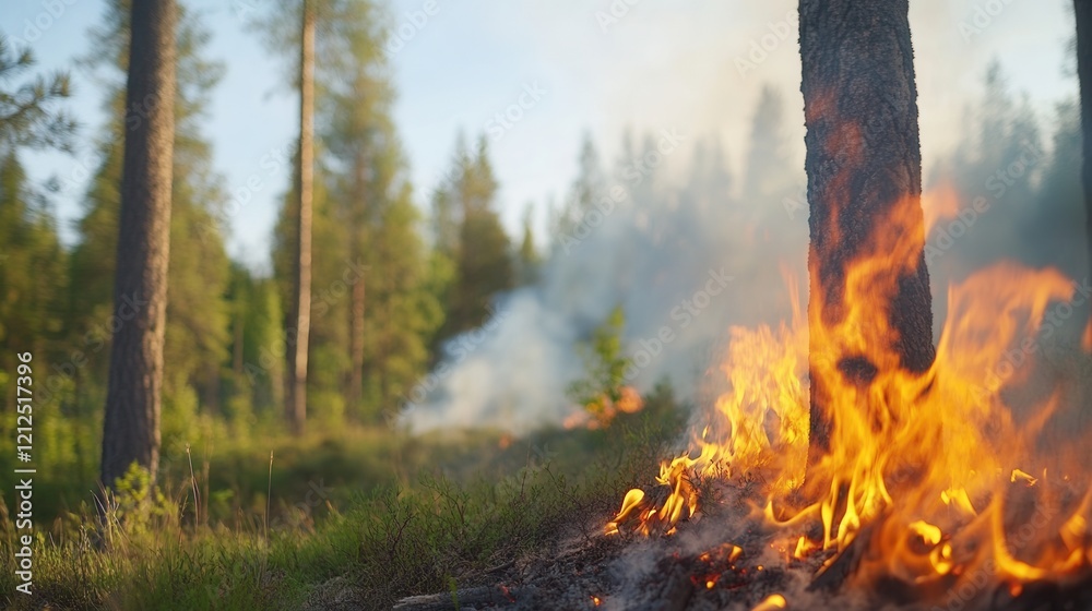 Intense forest fire burning amidst pine trees in daylight. Intense forest fire burning amidst pine trees in daylight.