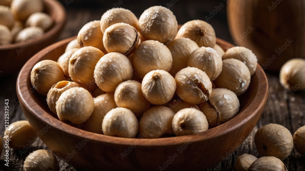 A bowl filled with round, white nuts on a wooden surface, showcasing natural textures. A bowl filled with round, white nuts on a wooden surface, showcasing natural textures.