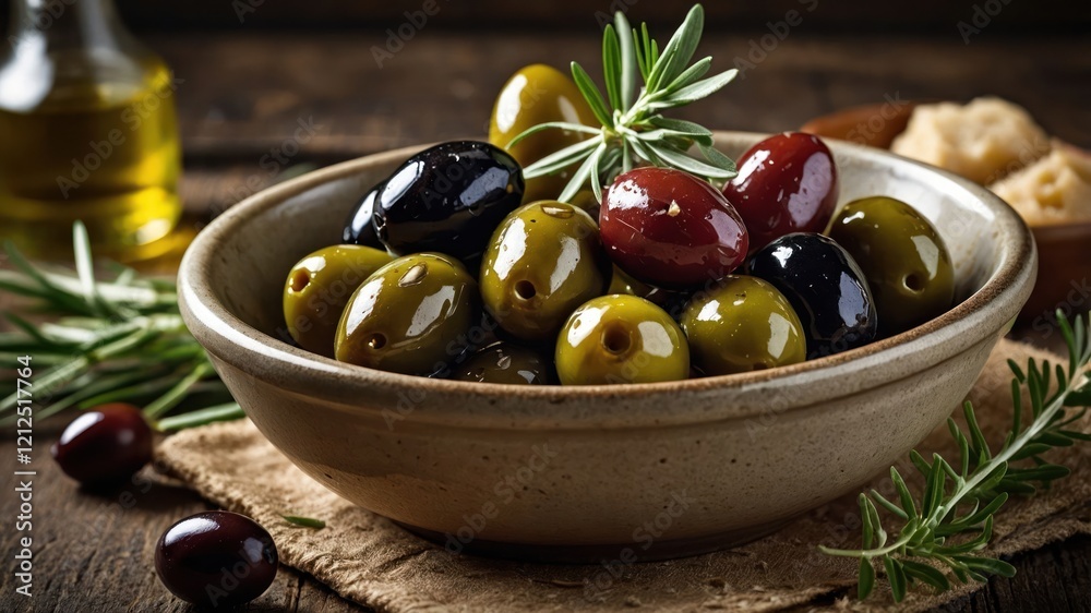 A bowl of assorted olives garnished with rosemary, set on a rustic wooden table. A bowl of assorted olives garnished with rosemary, set on a rustic wooden table.