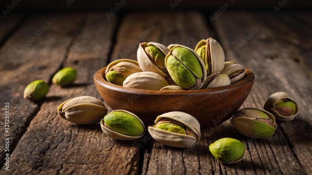 A wooden bowl filled with pistachios on a rustic wooden surface. A wooden bowl filled with pistachios on a rustic wooden surface.