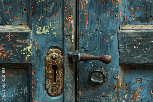 Close up of an old door with peeling paint, showing the wood grain texture and a vintage door handle