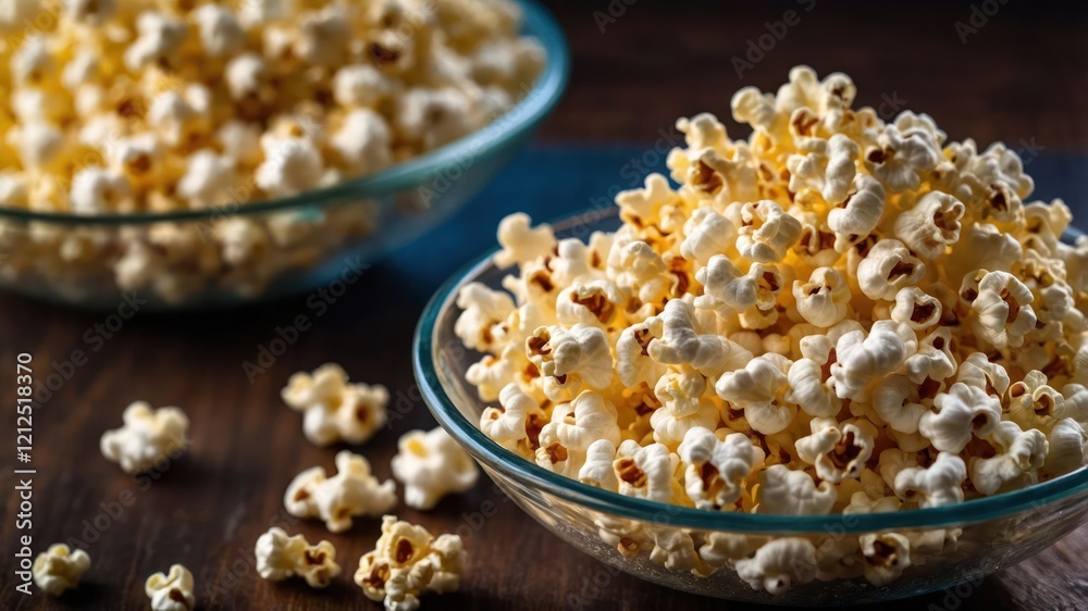A close-up of bowls filled with fluffy popcorn, perfect for snacking or movie nights. A close-up of bowls filled with fluffy popcorn, perfect for snacking or movie nights.