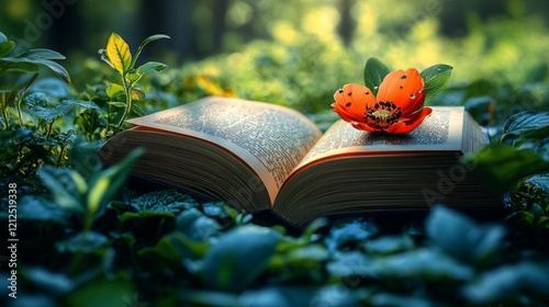 Open book in a garden with a ladybug and warm sunlight photo