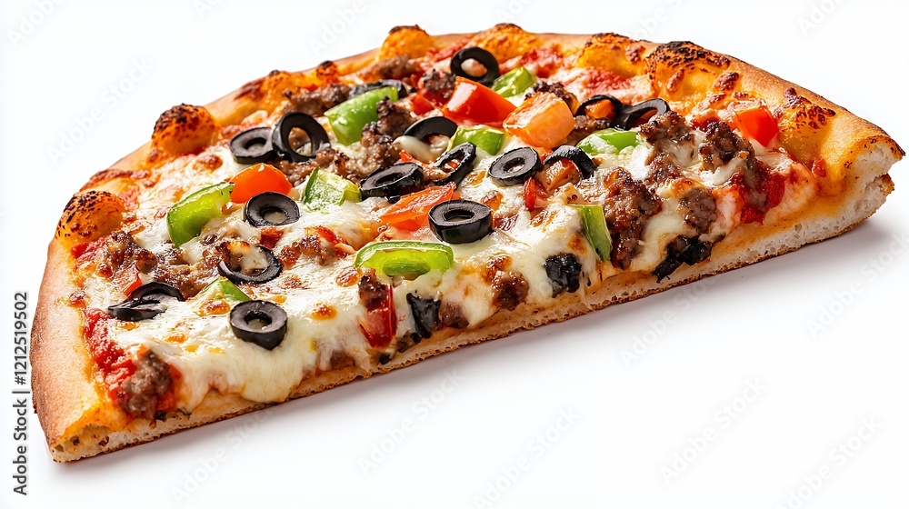 Delicious Slice of Meat Lover's Pizza with Toppings on White Background Delicious Slice of Meat Lover's Pizza with Toppings on White Background