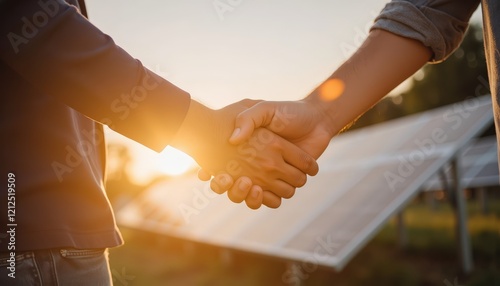 Business Partnerships Driving Awareness for an Eco-Friendly Environment concept. Hands Shaking at Sunrise with Solar Panels in Background photo