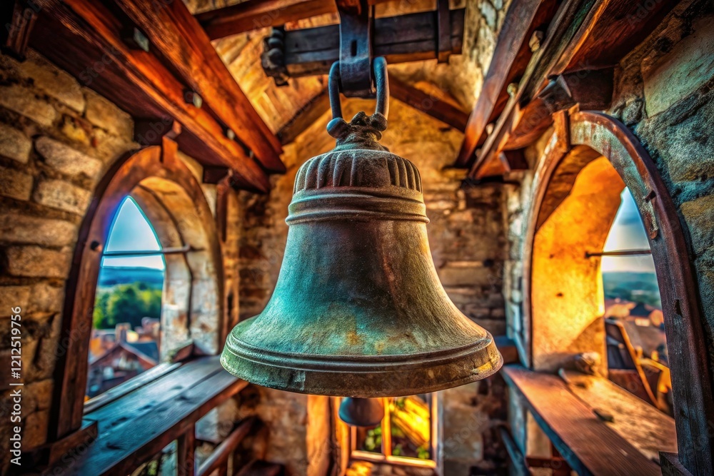 Obraz premium Tilt-Shift Miniature Church Bell, Rusty Old Steeple, Vintage Bell Tower, Miniature Photography, Diecast Bell, Bell Tower, Church Architecture