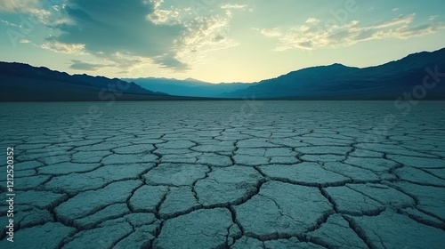 Vast, cracked, dry lakebed stretches under a dramatic, tranquil sunset sky.  Mountains in the distance. photo