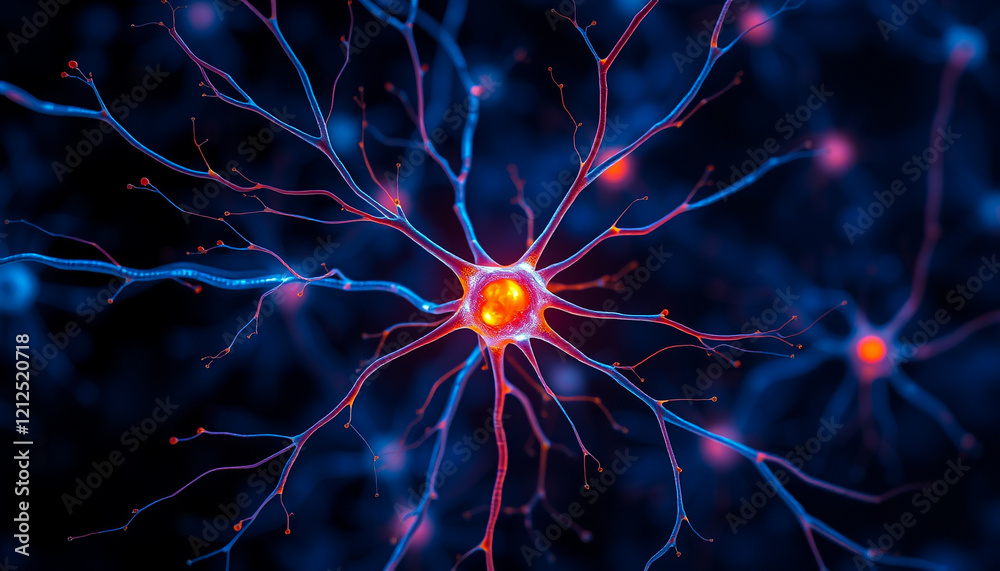 Neurons with glowing red and blue signals in a neural network Neurons with glowing red and blue signals in a neural network