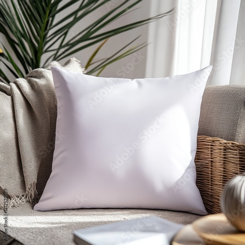 Blank throw pillow mock up photo of bright and inviting living room setting with a decorated couch, surrounded by stylish decor featuring comfortable and modern elements.