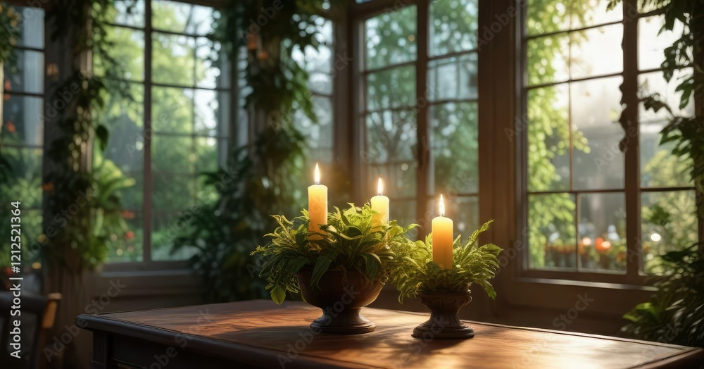 Burning candle in a sunlit conservatory with lush greenery, peaceful ambiance, burning candle, sunlit conservatory Burning candle in a sunlit conservatory with lush greenery, peaceful ambiance, burning candle, sunlit conservatory